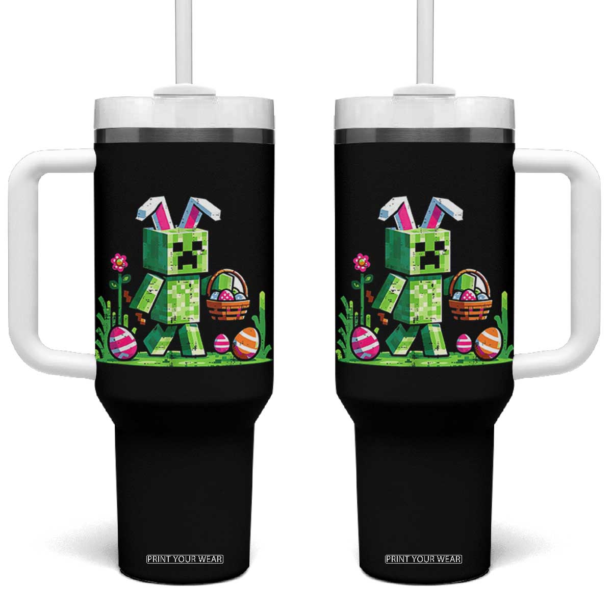Pixel Easter Bunny Gamer Parody Graphic Tumbler With Handle Funny Block Style Rabbit with Eggs Basket Gaming Humor Gift TS02 One Size: 40 oz Black Print Your Wear