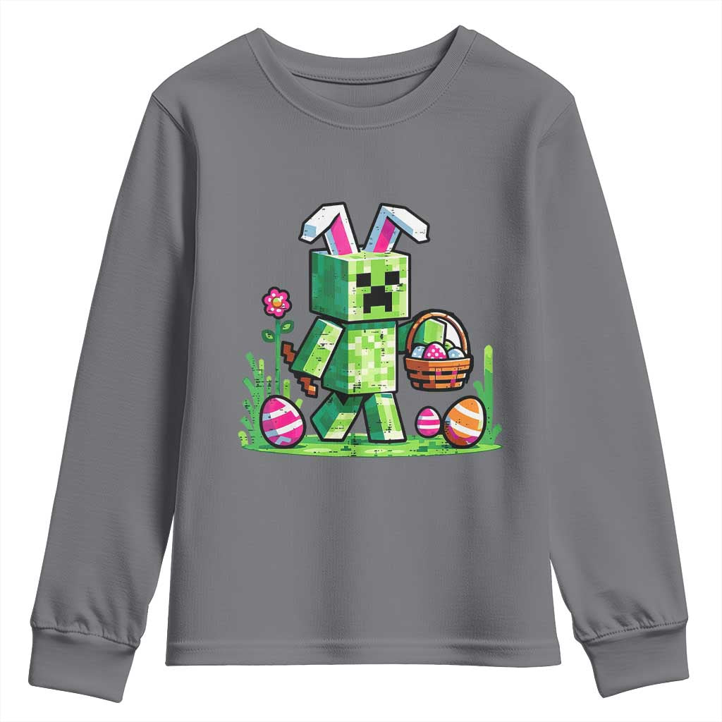 Pixel Easter Bunny Gamer Parody Graphic Youth Sweatshirt Funny Block Style Rabbit with Eggs Basket Gaming Humor Gift TS02 Charcoal Print Your Wear