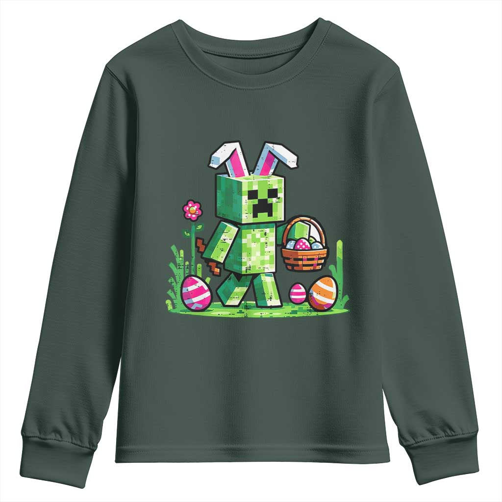 Pixel Easter Bunny Gamer Parody Graphic Youth Sweatshirt Funny Block Style Rabbit with Eggs Basket Gaming Humor Gift TS02 Dark Forest Green Print Your Wear