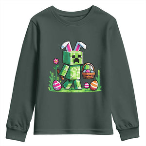Pixel Easter Bunny Gamer Parody Graphic Youth Sweatshirt Funny Block Style Rabbit with Eggs Basket Gaming Humor Gift TS02 Dark Forest Green Print Your Wear