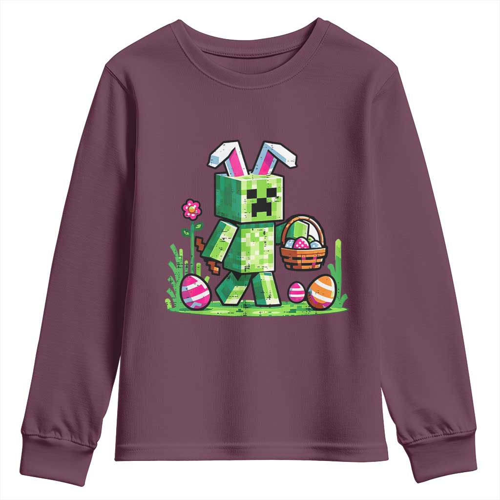 Pixel Easter Bunny Gamer Parody Graphic Youth Sweatshirt Funny Block Style Rabbit with Eggs Basket Gaming Humor Gift TS02 Maroon Print Your Wear