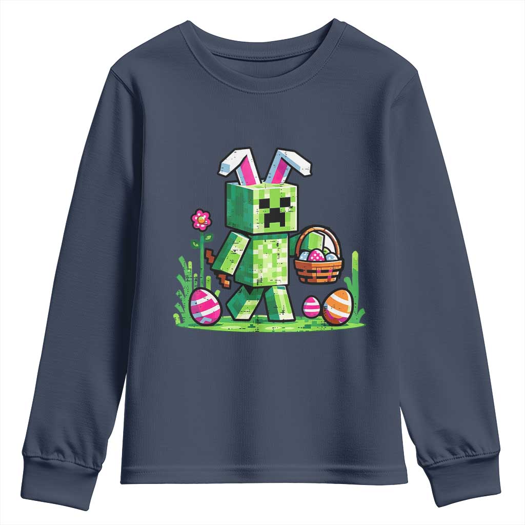 Pixel Easter Bunny Gamer Parody Graphic Youth Sweatshirt Funny Block Style Rabbit with Eggs Basket Gaming Humor Gift TS02 Navy Print Your Wear