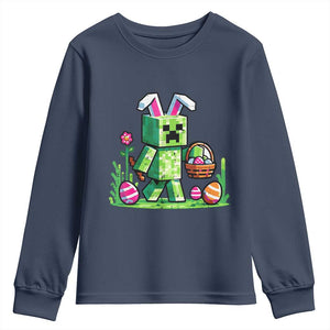 Pixel Easter Bunny Gamer Parody Graphic Youth Sweatshirt Funny Block Style Rabbit with Eggs Basket Gaming Humor Gift TS02 Navy Print Your Wear
