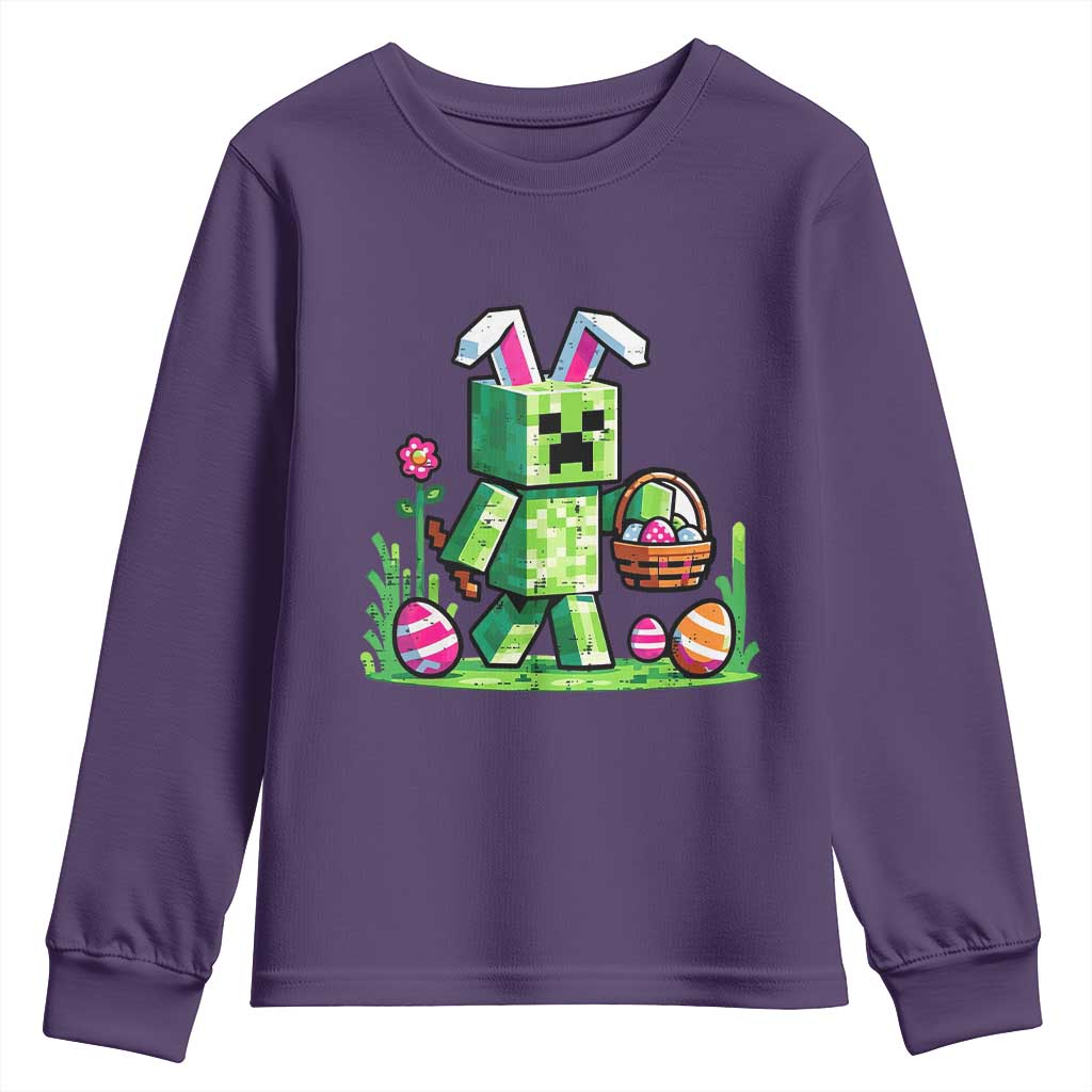 Pixel Easter Bunny Gamer Parody Graphic Youth Sweatshirt Funny Block Style Rabbit with Eggs Basket Gaming Humor Gift TS02 Purple Print Your Wear