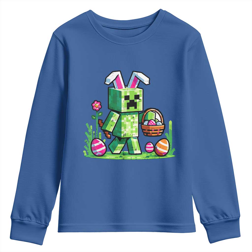 Pixel Easter Bunny Gamer Parody Graphic Youth Sweatshirt Funny Block Style Rabbit with Eggs Basket Gaming Humor Gift TS02 Royal Blue Print Your Wear