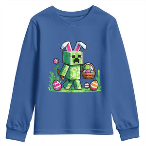 Pixel Easter Bunny Gamer Parody Graphic Youth Sweatshirt Funny Block Style Rabbit with Eggs Basket Gaming Humor Gift TS02 Royal Blue Print Your Wear