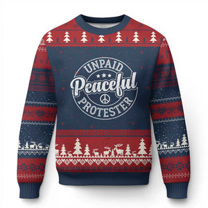 Unpaid Peaceful Protester Vintage Badge Ugly Christmas Sweater Retro Script Typography Activist TS02 Navy Red Print Your Wear