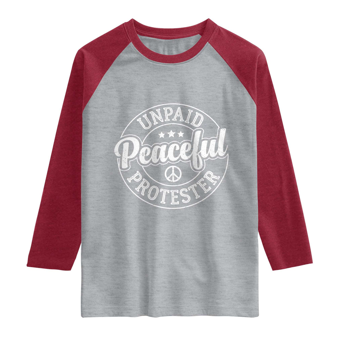 Unpaid Peaceful Protester Vintage Badge Raglan Shirt Retro Script Typography Activist TS02 Heather Gray Heather Red Print Your Wear