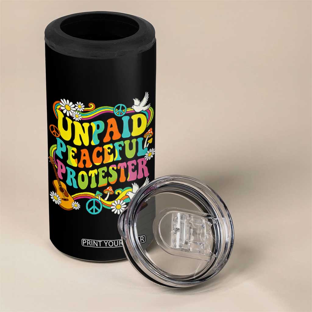 Unpaid Peaceful Protester Retro Hippie Rainbow 4 in 1 Can Cooler Tumbler Flower Power Peace Activist TS02 Print Your Wear