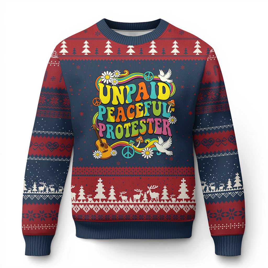 Unpaid Peaceful Protester Retro Hippie Rainbow Ugly Christmas Sweater Flower Power Peace Activist TS02 Navy Red Print Your Wear