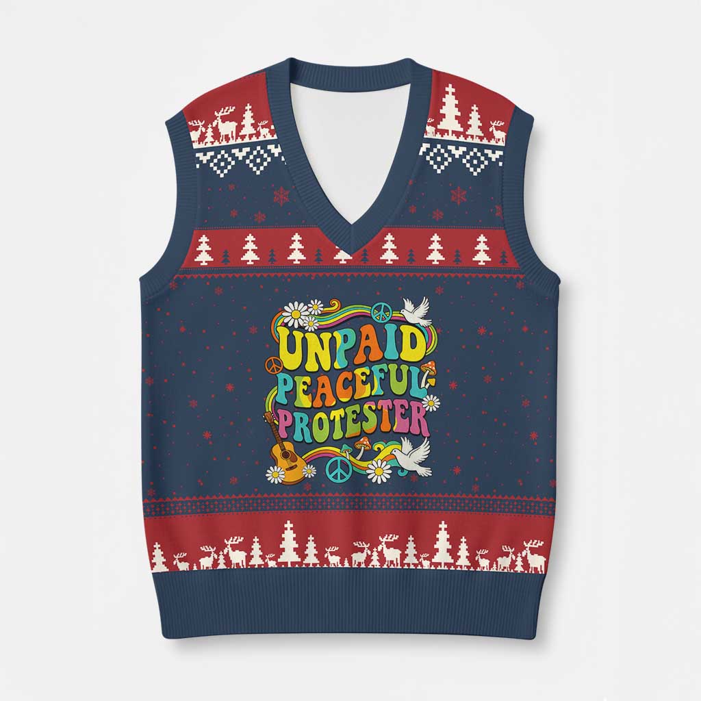 Unpaid Peaceful Protester Retro Hippie Rainbow V-Neck Knit Sweater Vest Flower Power Peace Activist TS02 Navy Red Print Your Wear