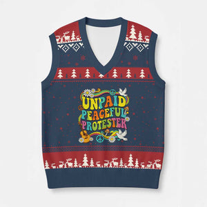 Unpaid Peaceful Protester Retro Hippie Rainbow V-Neck Knit Sweater Vest Flower Power Peace Activist TS02 Navy Red Print Your Wear