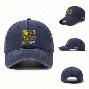 Unpaid Peaceful Protester Retro Hippie Rainbow Washed Cotton Baseball Cap Flower Power Peace Activist TS02 Washed Cap Universal Fit Navy Print Your Wear