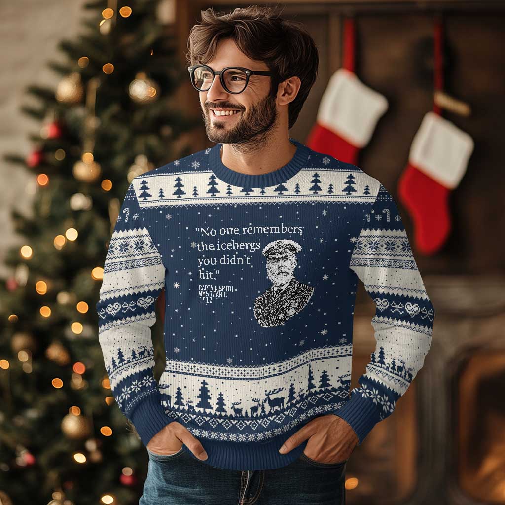Funny Vintage Ship Captain Saying Ugly Christmas Sweater No One Remembers the Icebergs You Did Not Hit Dark Humor TS02 Navy Beige Print Your Wear