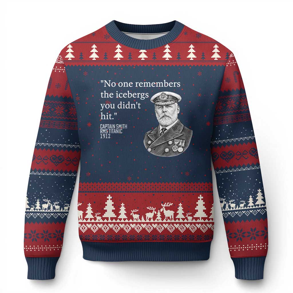 Funny Vintage Ship Captain Saying Ugly Christmas Sweater No One Remembers the Icebergs You Did Not Hit Dark Humor TS02 Navy Red Print Your Wear