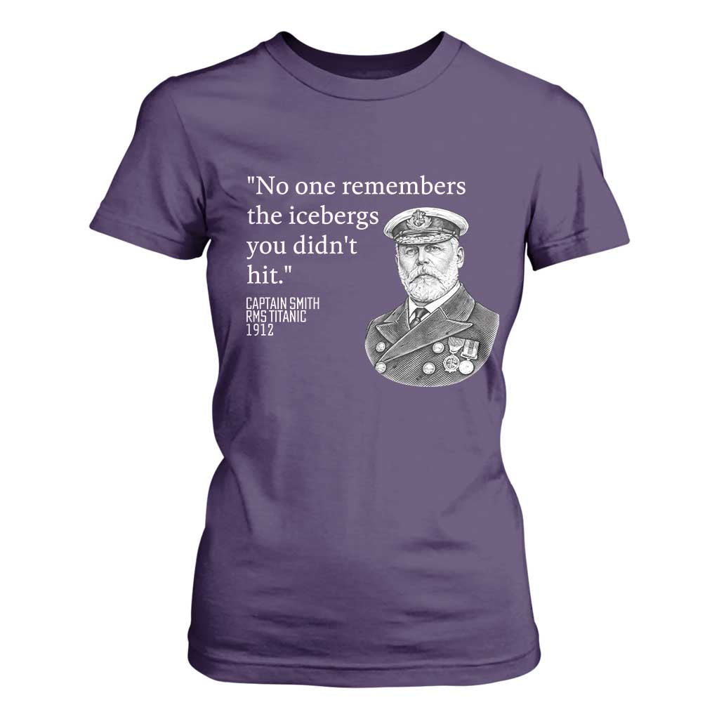 Funny Vintage Ship Captain Saying T Shirt For Women No One Remembers the Icebergs You Did Not Hit Dark Humor TS02 Purple Print Your Wear