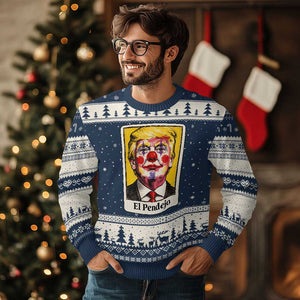 El Pendejo Clown Portrait Satire Ugly Christmas Sweater Bold Political Humor Vintage Caricature TS02 Navy Beige Print Your Wear