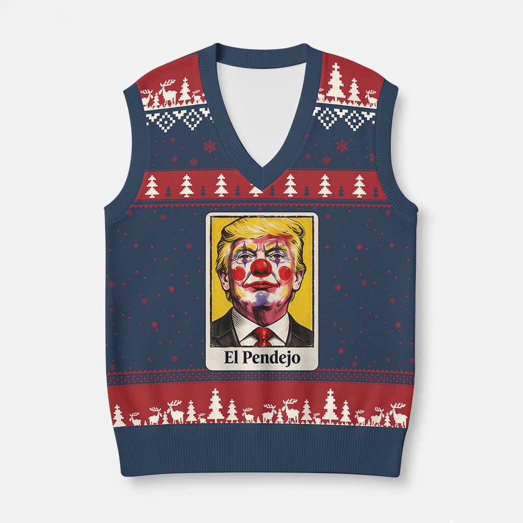 El Pendejo Clown Portrait Satire V-Neck Knit Sweater Vest Bold Political Humor Vintage Caricature TS02 Navy Red Print Your Wear