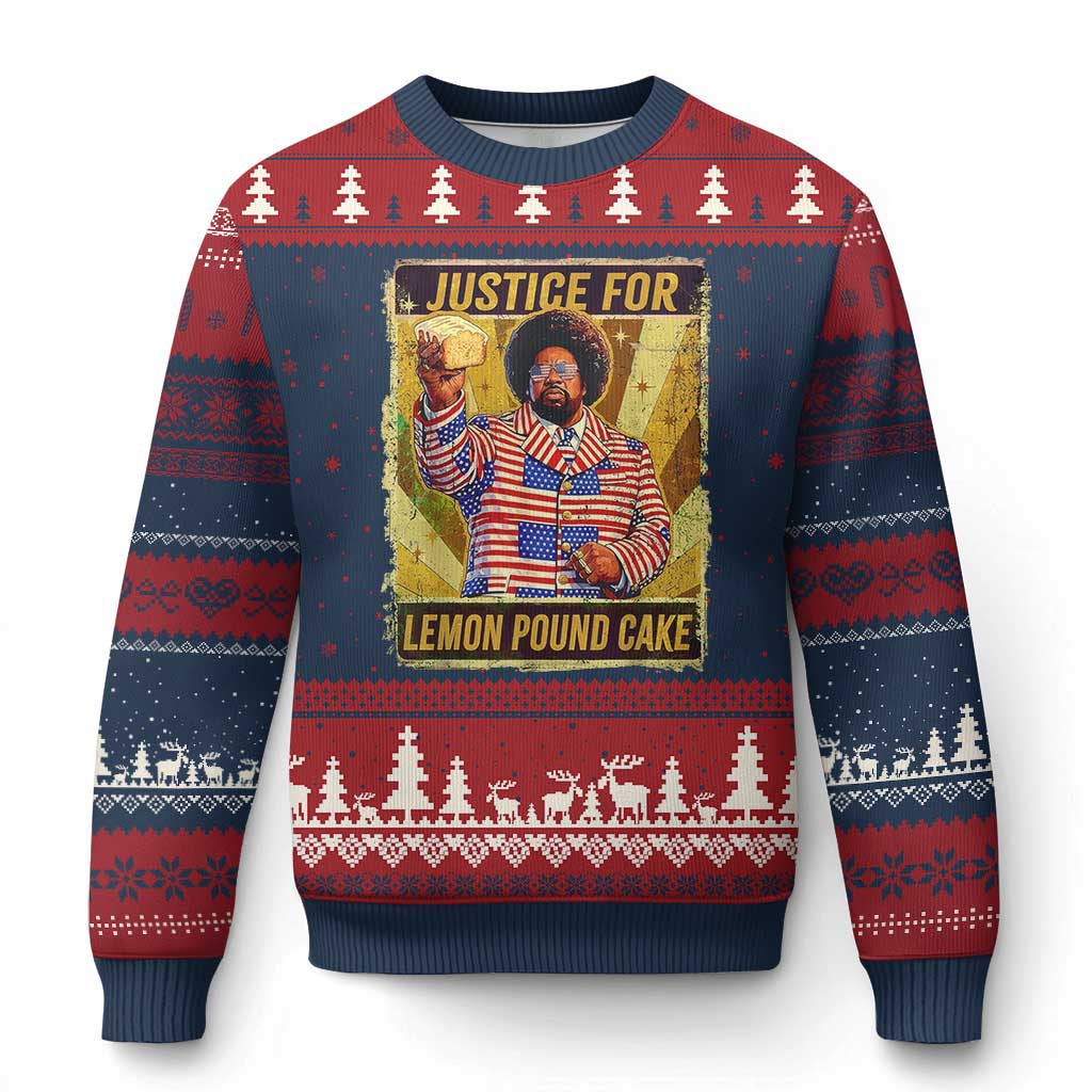Justice for Lemon Pound Cake Vintage Retro Ugly Christmas Sweater Funny Viral Hip Hop Meme Parody Internet Culture Fans TS02 Navy Red Print Your Wear