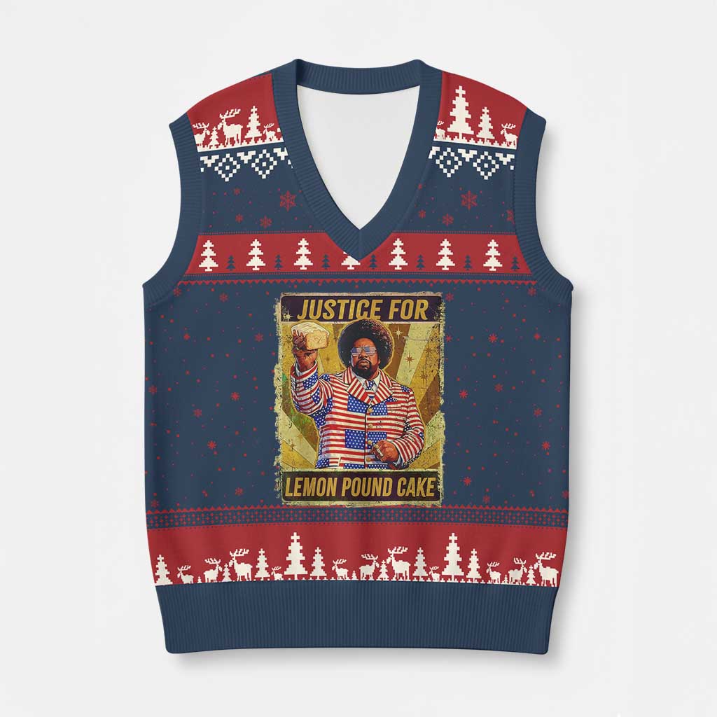 Justice for Lemon Pound Cake Vintage Retro V-Neck Knit Sweater Vest Funny Viral Hip Hop Meme Parody Internet Culture Fans TS02 Navy Red Print Your Wear