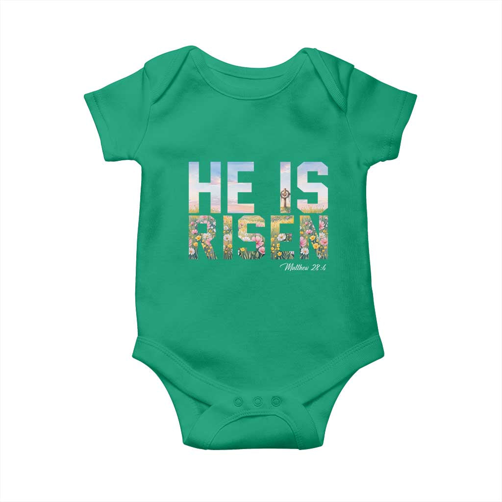 He Is Risen Matthew 28:6 Floral Christian Easter Baby Onesie Spring Flowers Cross Landscape Faith Inspirational Gift TS02 Irish Green Print Your Wear