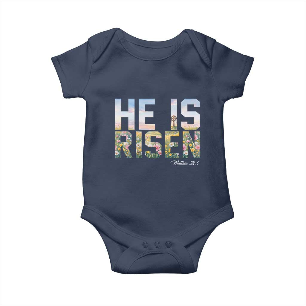 He Is Risen Matthew 28:6 Floral Christian Easter Baby Onesie Spring Flowers Cross Landscape Faith Inspirational Gift TS02 Navy Print Your Wear
