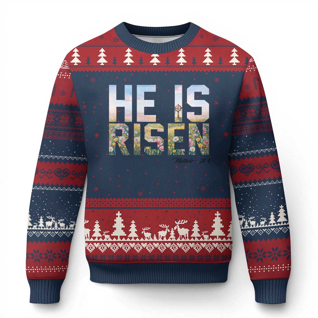He Is Risen Matthew 28:6 Floral Christian Easter Ugly Christmas Sweater Spring Flowers Cross Landscape Faith Inspirational Gift TS02 Navy Red Print Your Wear