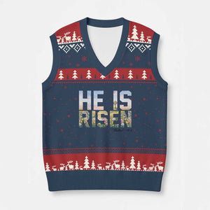 He Is Risen Matthew 28:6 Floral Christian Easter V-Neck Knit Sweater Vest Spring Flowers Cross Landscape Faith Inspirational Gift TS02 Navy Red Print Your Wear
