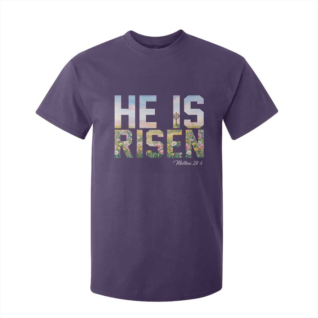 He Is Risen Matthew 28:6 Floral Christian Easter T Shirt For Kid Spring Flowers Cross Landscape Faith Inspirational Gift TS02 Purple Print Your Wear