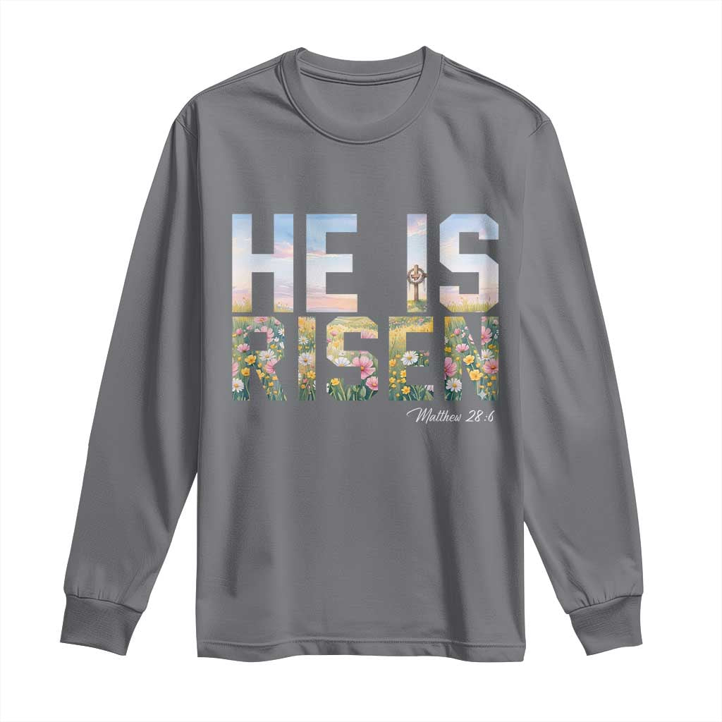 He Is Risen Matthew 28:6 Floral Christian Easter Long Sleeve Shirt Spring Flowers Cross Landscape Faith Inspirational Gift TS02 Charcoal Print Your Wear