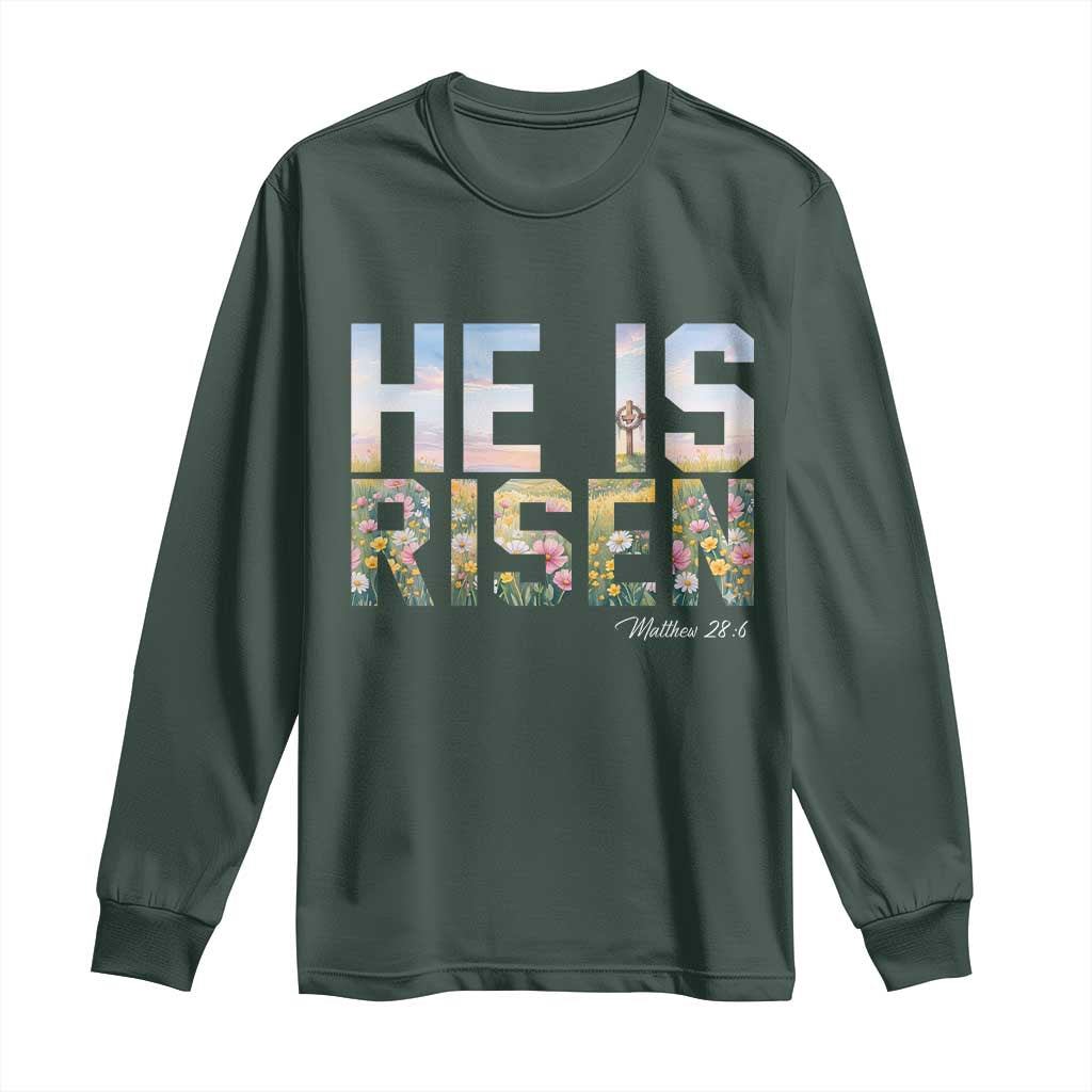 He Is Risen Matthew 28:6 Floral Christian Easter Long Sleeve Shirt Spring Flowers Cross Landscape Faith Inspirational Gift TS02 Dark Forest Green Print Your Wear