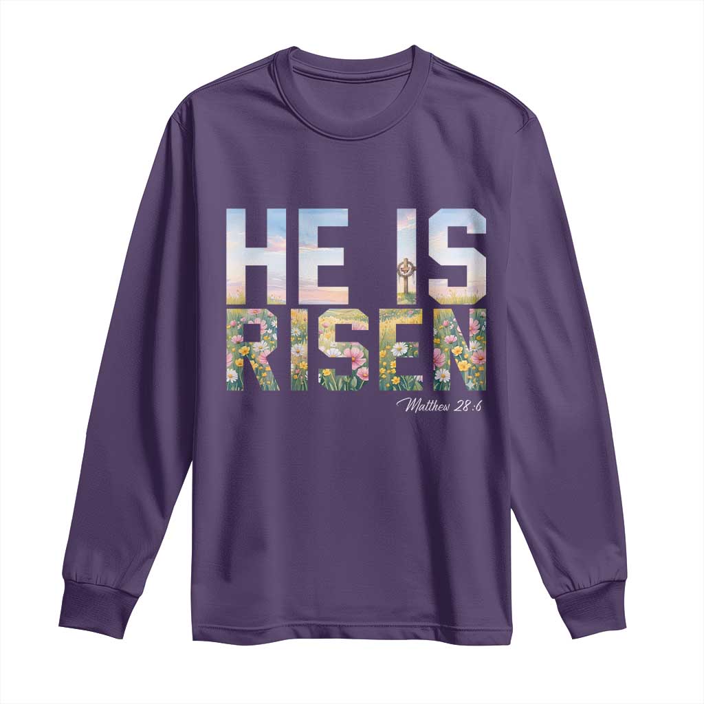 He Is Risen Matthew 28:6 Floral Christian Easter Long Sleeve Shirt Spring Flowers Cross Landscape Faith Inspirational Gift TS02 Purple Print Your Wear