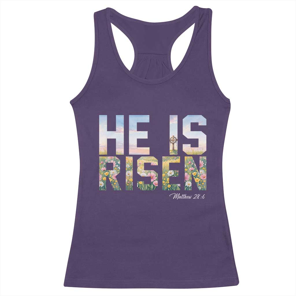 He Is Risen Matthew 28:6 Floral Christian Easter Racerback Tank Top Spring Flowers Cross Landscape Faith Inspirational Gift TS02 Purple Print Your Wear