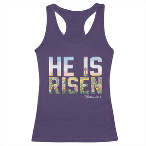 He Is Risen Matthew 28:6 Floral Christian Easter Racerback Tank Top Spring Flowers Cross Landscape Faith Inspirational Gift TS02 Purple Print Your Wear