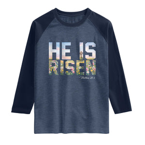 He Is Risen Matthew 28:6 Floral Christian Easter Raglan Shirt Spring Flowers Cross Landscape Faith Inspirational Gift TS02 Heather Denim Navy Print Your Wear