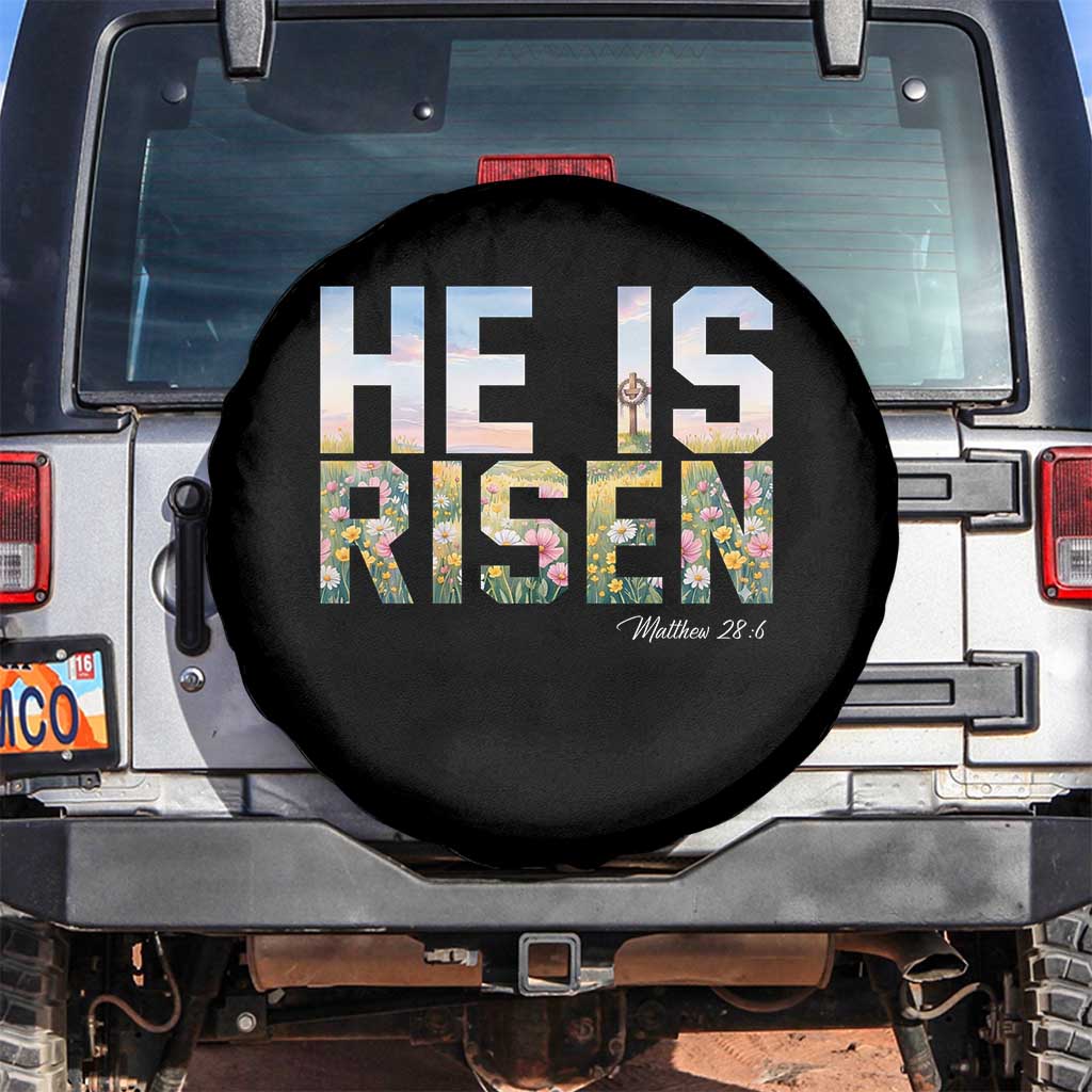 He Is Risen Matthew 28:6 Floral Christian Easter Spare Tire Cover Spring Flowers Cross Landscape Faith Inspirational Gift TS02 No hole Black Print Your Wear