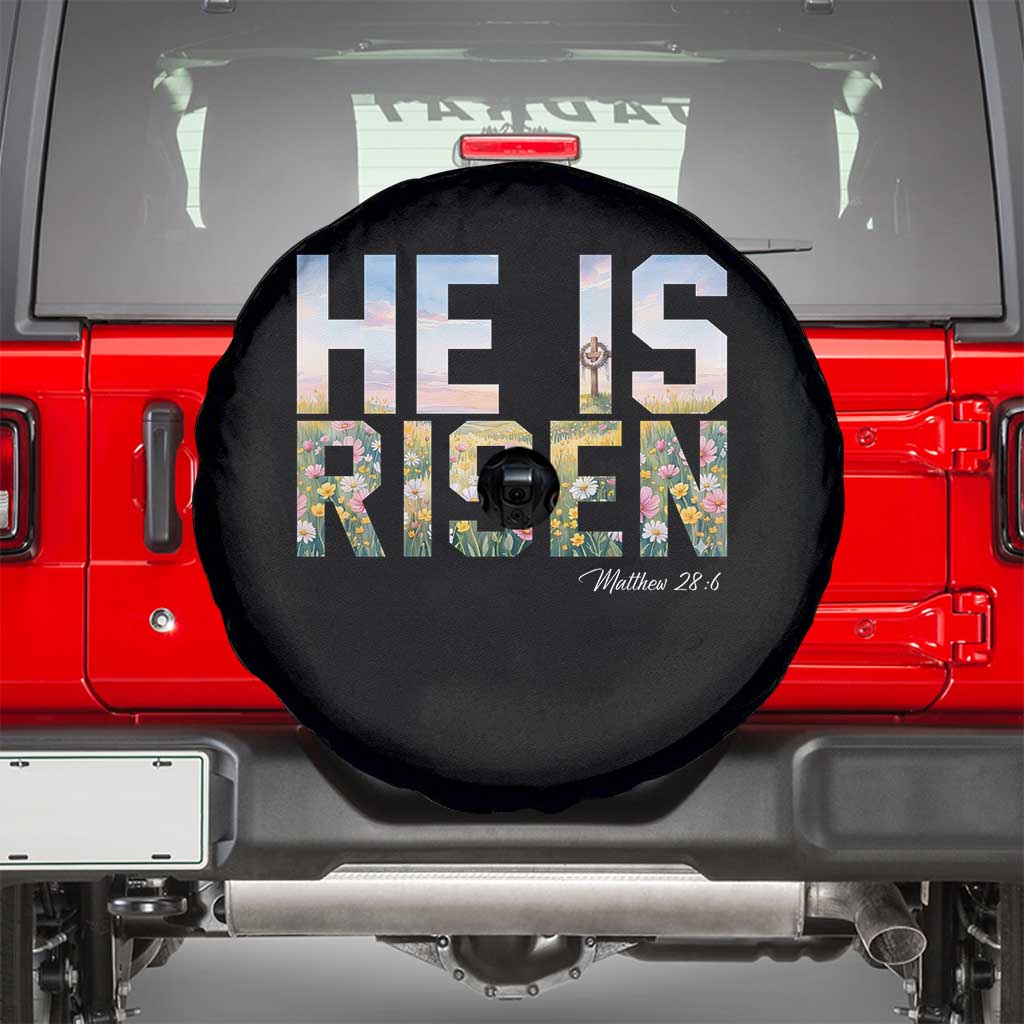 He Is Risen Matthew 28:6 Floral Christian Easter Spare Tire Cover Spring Flowers Cross Landscape Faith Inspirational Gift TS02 Black Print Your Wear