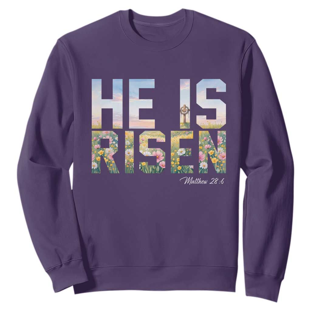 He Is Risen Matthew 28:6 Floral Christian Easter Sweatshirt Spring Flowers Cross Landscape Faith Inspirational Gift TS02 Purple Print Your Wear