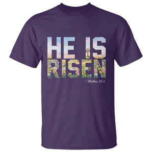 He Is Risen Matthew 28:6 Floral Christian Easter T Shirt Spring Flowers Cross Landscape Faith Inspirational Gift TS02 Purple Print Your Wear
