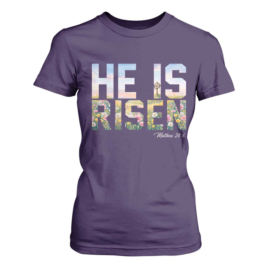 He Is Risen Matthew 28:6 Floral Christian Easter T Shirt For Women Spring Flowers Cross Landscape Faith Inspirational Gift TS02 Purple Print Your Wear