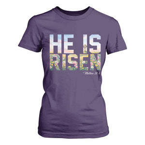 He Is Risen Matthew 28:6 Floral Christian Easter T Shirt For Women Spring Flowers Cross Landscape Faith Inspirational Gift TS02 Purple Print Your Wear