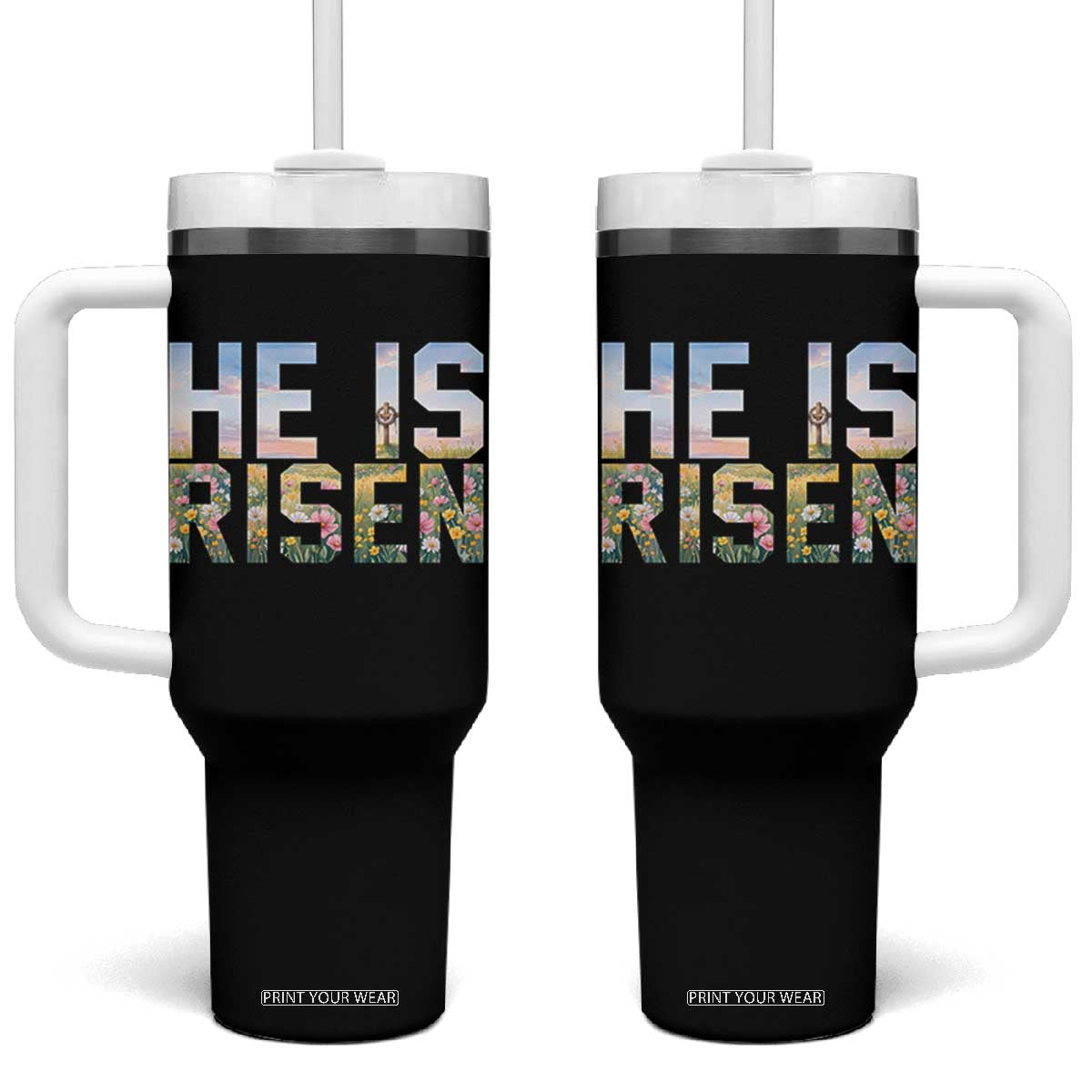 He Is Risen Matthew 28:6 Floral Christian Easter Tumbler With Handle Spring Flowers Cross Landscape Faith Inspirational Gift TS02 One Size: 40 oz Black Print Your Wear