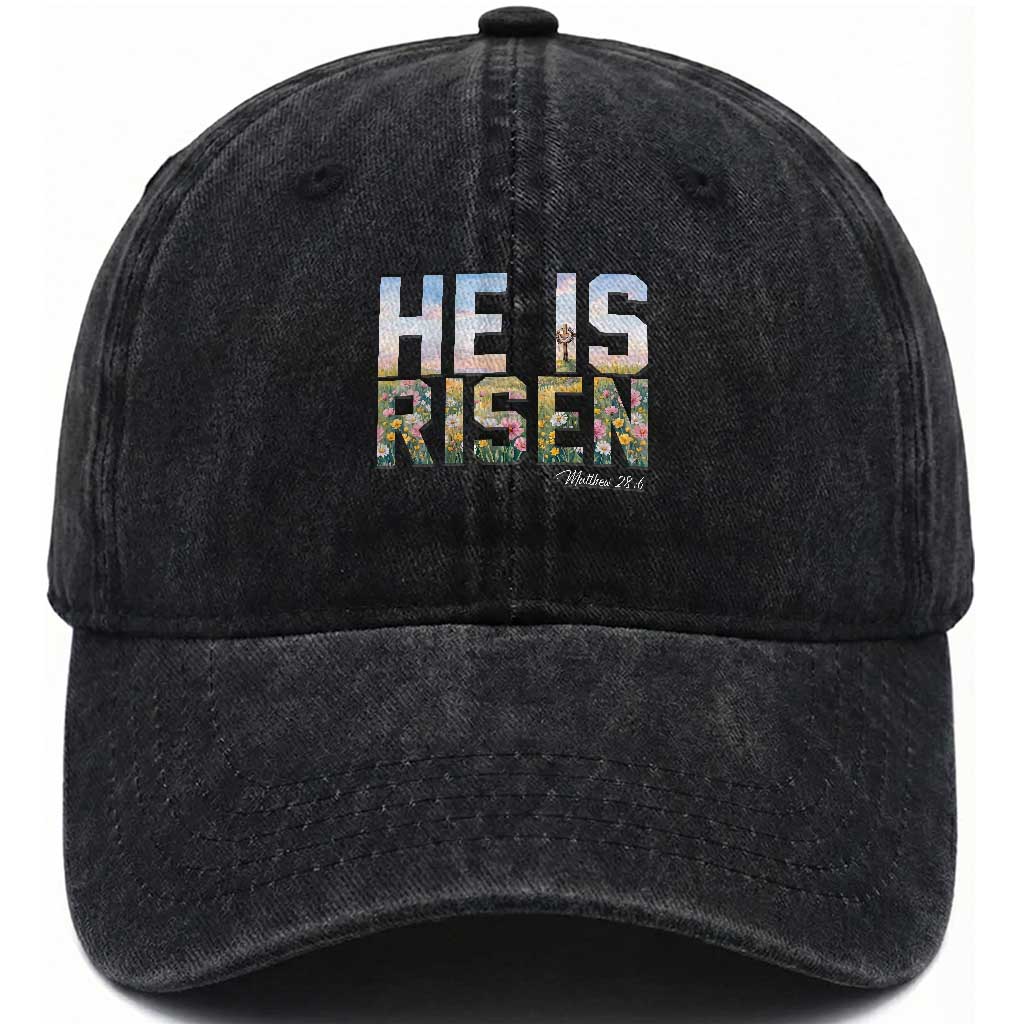 He Is Risen Matthew 28:6 Floral Christian Easter Washed Cotton Baseball Cap Spring Flowers Cross Landscape Faith Inspirational Gift TS02 Print Your Wear