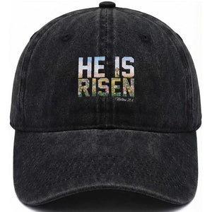 He Is Risen Matthew 28:6 Floral Christian Easter Washed Cotton Baseball Cap Spring Flowers Cross Landscape Faith Inspirational Gift TS02 Print Your Wear