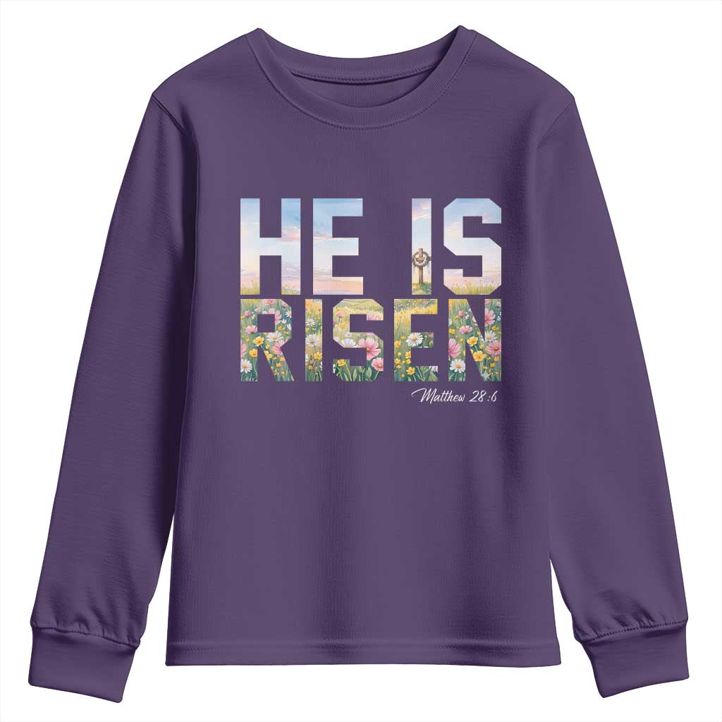 He Is Risen Matthew 28:6 Floral Christian Easter Youth Sweatshirt Spring Flowers Cross Landscape Faith Inspirational Gift TS02 Purple Print Your Wear