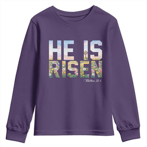 He Is Risen Matthew 28:6 Floral Christian Easter Youth Sweatshirt Spring Flowers Cross Landscape Faith Inspirational Gift TS02 Purple Print Your Wear