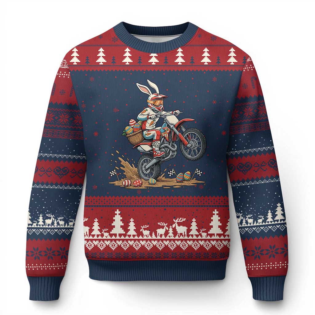 Easter Bunny Dirt Bike Rider Funny Motocross Rabbit Graphic Ugly Christmas Sweater Cool Off Road Racing Egg Hunt TS02 Navy Red Print Your Wear