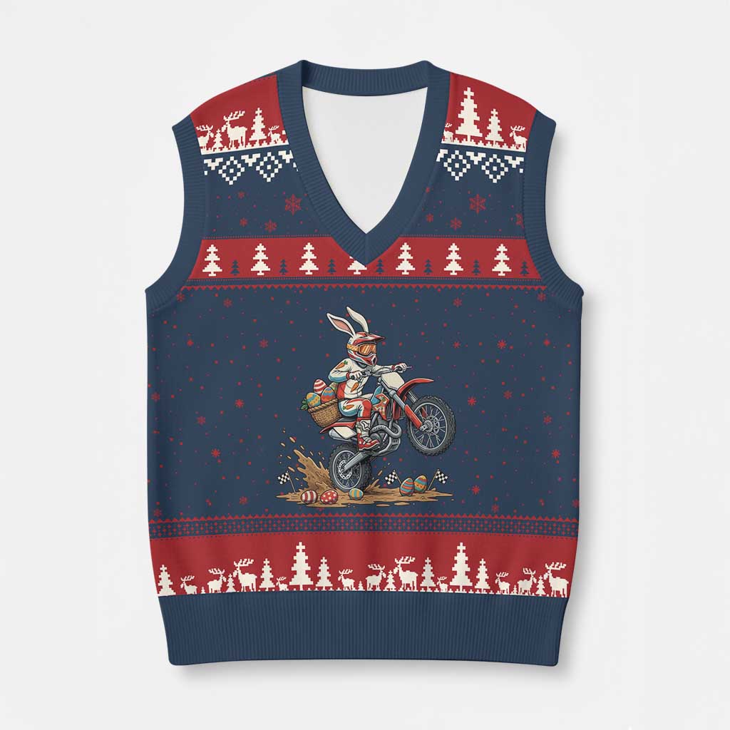 Easter Bunny Dirt Bike Rider Funny Motocross Rabbit Graphic V-Neck Knit Sweater Vest Cool Off Road Racing Egg Hunt TS02 Navy Red Print Your Wear