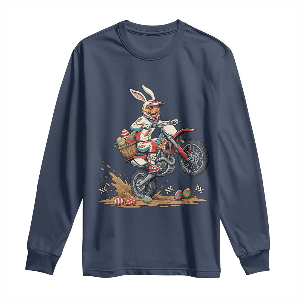 Easter Bunny Dirt Bike Rider Funny Motocross Rabbit Graphic Long Sleeve Shirt Cool Off Road Racing Egg Hunt TS02 Navy Print Your Wear