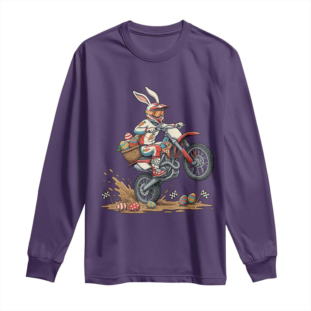 Easter Bunny Dirt Bike Rider Funny Motocross Rabbit Graphic Long Sleeve Shirt Cool Off Road Racing Egg Hunt TS02 Purple Print Your Wear